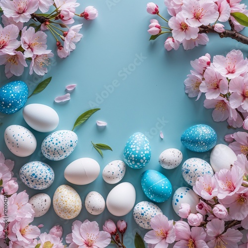 Frame with white and blue speckled easter eggs and cherry blossoms on light blue background. 