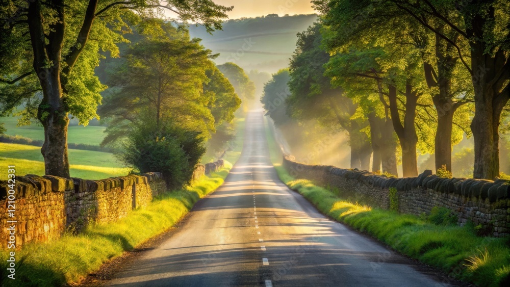 Obraz premium Serene Sunrise Road, Sunlight Illuminating a Picturesque Country Lane Lined with Lush Greenery and Stone Walls