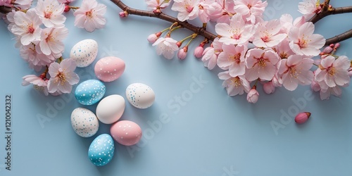 Frame with white and blue speckled easter eggs and cherry blossoms on light blue background. 