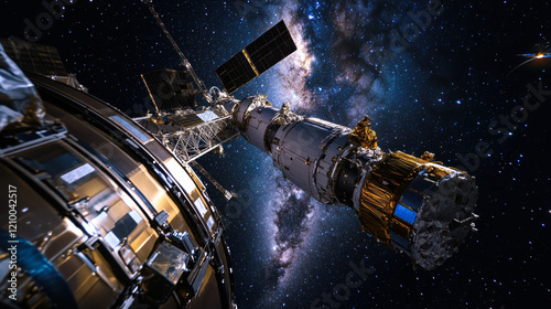 Fototapeta Naklejka Na Ścianę i Meble -  Space station docking with a spacecraft under the Milky Way