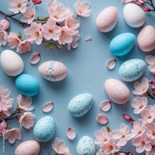 Frame with white and blue speckled easter eggs and cherry blossoms on light blue background. 