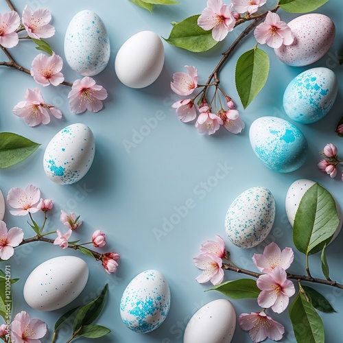 Frame with white and blue speckled easter eggs and cherry blossoms on light blue background. 