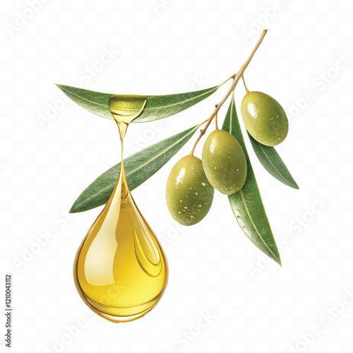 Realistic 3d fresh olive oil drop with olive fruit and leaf Isolated on white background.