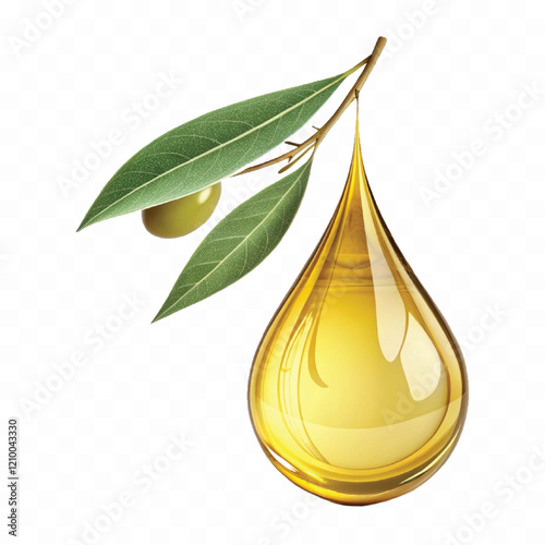 Realistic 3d fresh olive oil drop with olive fruit and leaf Isolated on white background.