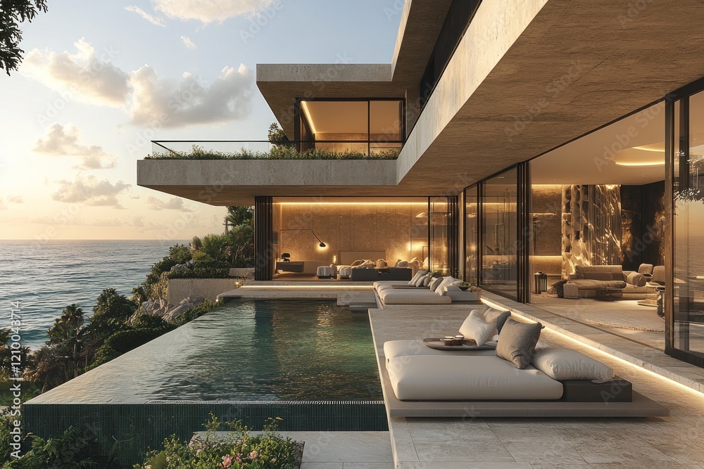 Fototapeta premium Oceanfront modern villa sunset poolside luxury real estate