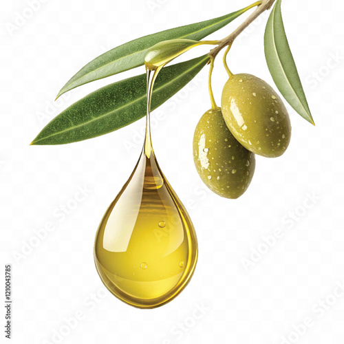 Realistic 3d fresh olive oil drop with olive fruit and leaf Isolated on white background.