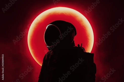 Astronaut silhouette against a vibrant red eclipse during a cosmic exploration event photo