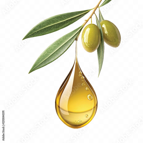 Realistic 3d fresh olive oil drop with olive fruit and leaf Isolated on white background.