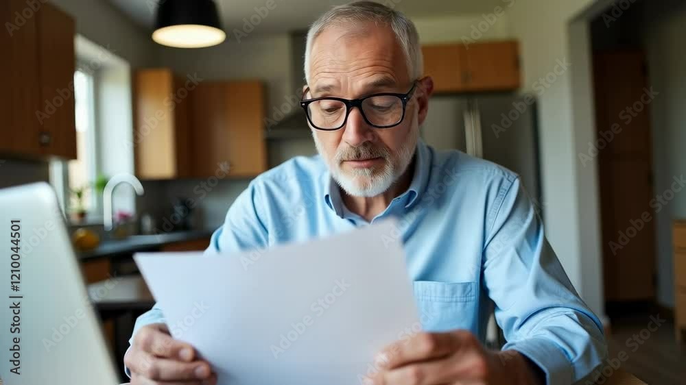 Senior Man Analyzing Documents at Home on Laptop While Wearing Glasses in Modern Kitchen Setting Senior Man Analyzing Documents at Home on Laptop While Wearing Glasses in Modern Kitchen Setting