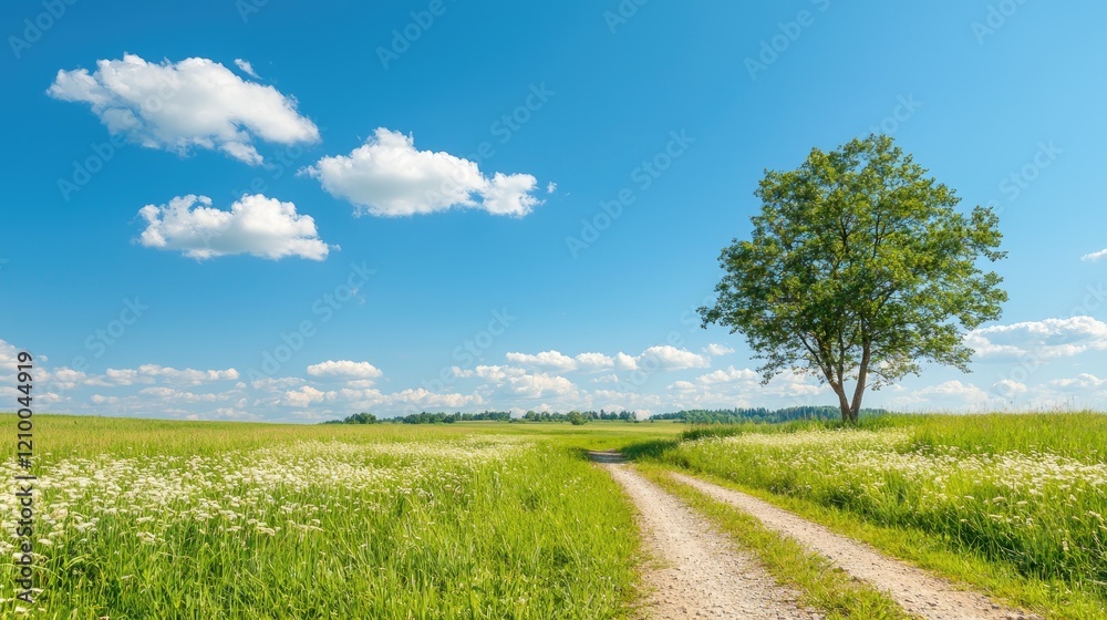 Summer country road, tree, field, blue sky. Perfect for travel, nature posters Summer country road, tree, field, blue sky. Perfect for travel, nature posters