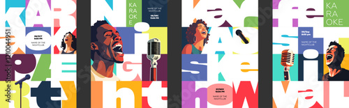 Geometric brutalist karaoke poster set. Bold modern design featuring microphones, singers and vibrant elements. Trendy visuals for concerts, music events and nightlife promotions colorful artwork