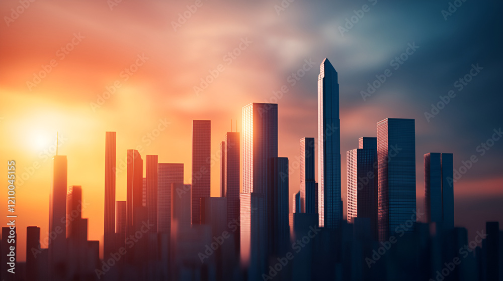 Future consumer concept. Silhouetted skyscrapers against a vibrant sunset sky create a dramatic urban landscape. Future consumer concept. Silhouetted skyscrapers against a vibrant sunset sky create a dramatic urban landscape.
