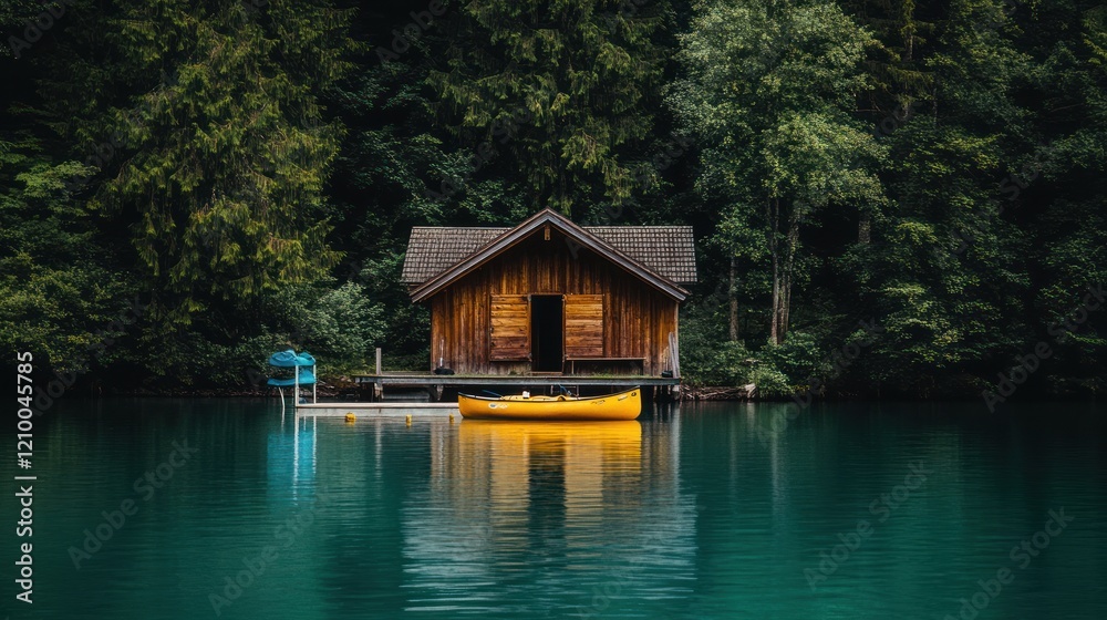 Obraz premium Serene Lakeside Cabin Retreat: A tranquil escape nestled amongst lush greenery, with a yellow canoe gently resting on the still, teal waters, reflecting the peaceful atmosphere.
