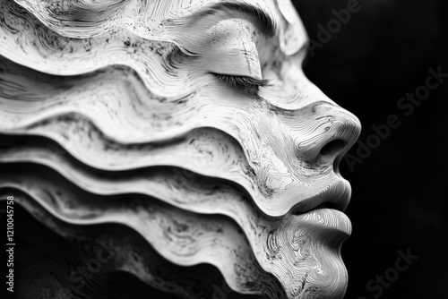 Abstract sculpture of a woman's face featuring textured layers, showcasing artistry and craftsmanship in a contemporary style photo