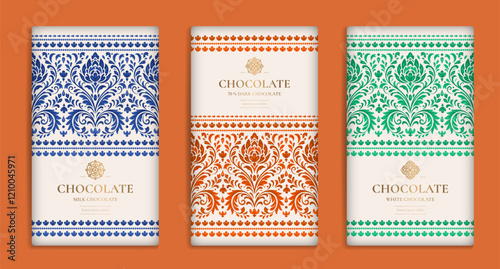 Luxury packaging design of chocolate bars. Vintage vector ornament template. Elegant, classic elements. Great for food, drink and other package types. Can be used for background and wallpaper.