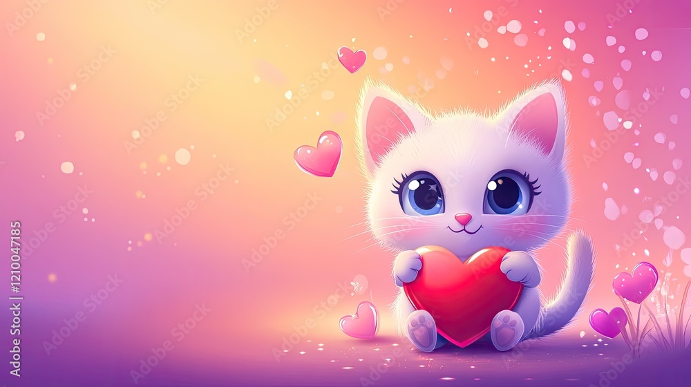 Fototapeta premium Playful cartoon cat holding a heart on a gradient background of pink and purple with Valentine-themed elements.