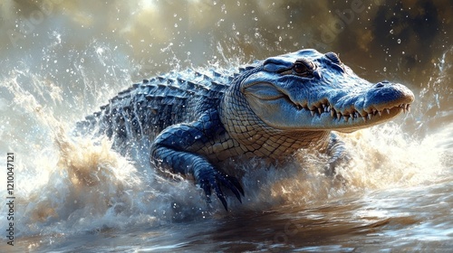 Crocodile emerging, river, sunrise, splashing, wildlife, nature,  background, jungle, documentary