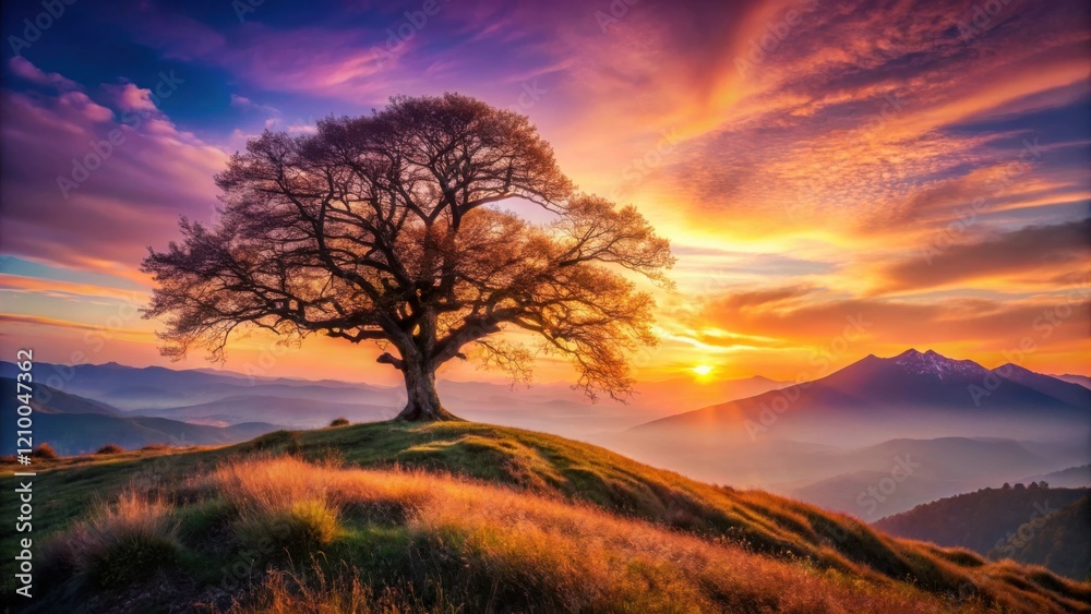Fototapeta premium Serene Sunset Landscape Featuring a Majestic Lone Tree on a Hilltop, Overlooking a Breathtaking Mountain Range Bathed in Golden Hues