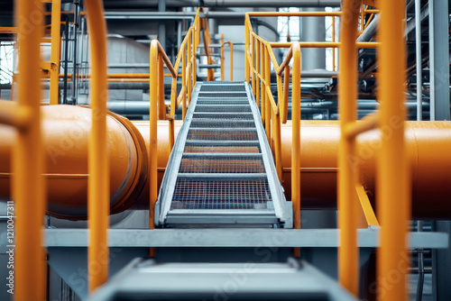 Industrial pipes and ladder creating a vivid atmosphere in a power plant setting with orange and gray tones photo