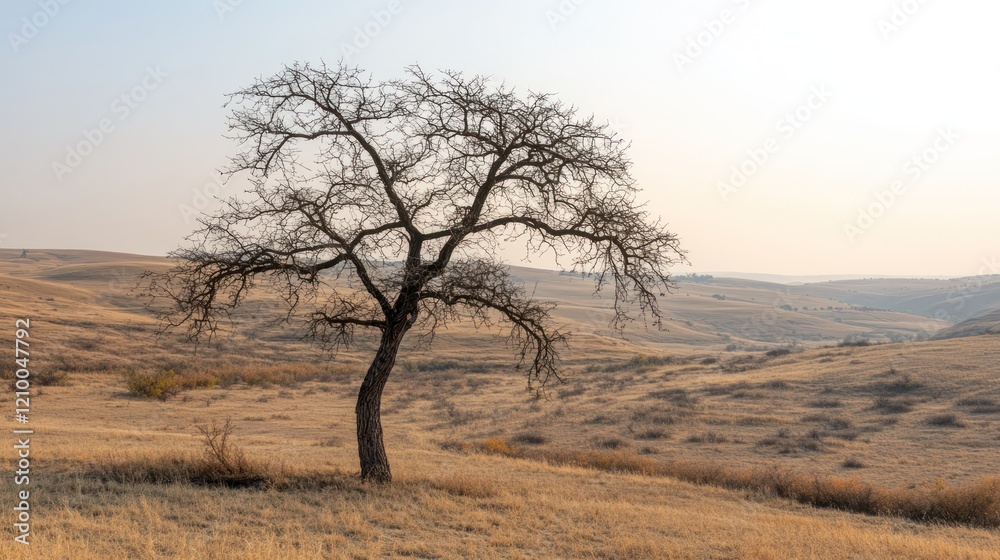 Lone tree autumn hillside landscape, hazy background, nature photography Lone tree autumn hillside landscape, hazy background, nature photography