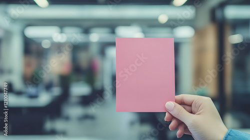 of a hand holding a pink slip or termination notice against a blurred office background  photo