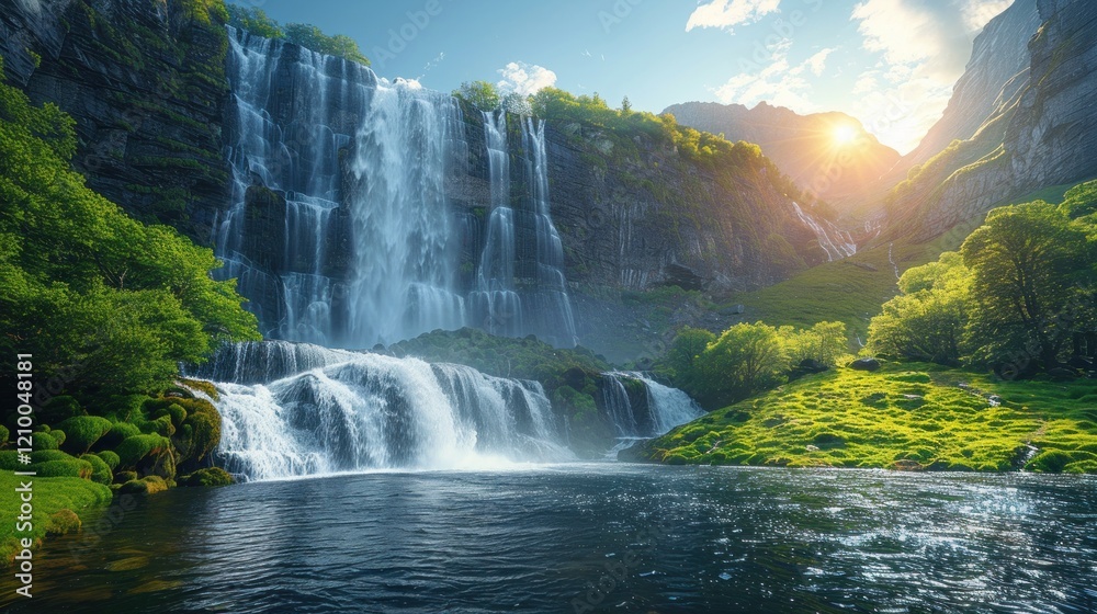 Fototapeta premium Cascading waterfalls in a lush green place.