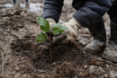 A child carefully places a tomato seedling in a prepared garden bed photo