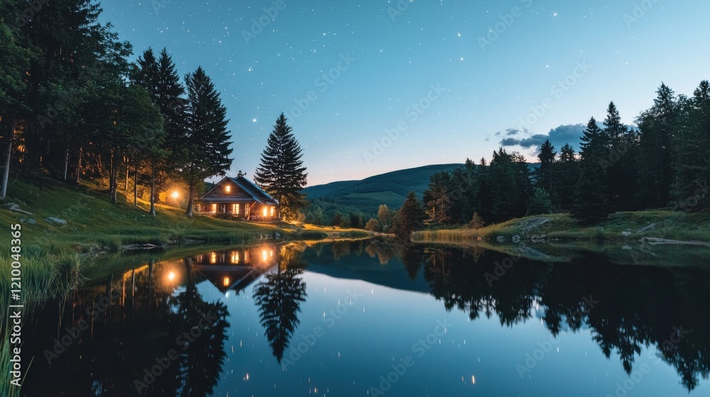 Fototapeta premium Serene Night Landscape with Cabin Reflected in Tranquil Lake Surrounded by Forested Mountains