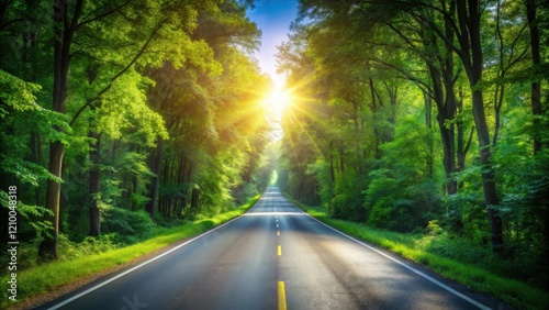 Sunlit Road Through Lush Green Canopy, A Journey of Discovery and Tranquility