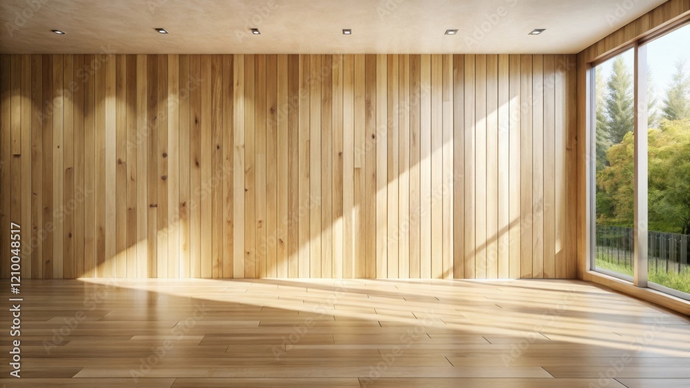 Sunlit Empty Room with Wooden Walls and Floors, Perfect for Interior Design Presentation Sunlit Empty Room with Wooden Walls and Floors, Perfect for Interior Design Presentation