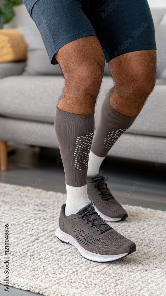 An amputee puts on running shoes with a prosthetic foot in a cozy living room, preparing for an active day ahead An amputee puts on running shoes with a prosthetic foot in a cozy living room, preparing for an active day ahead