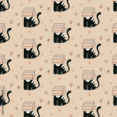 cute pattern with a cat hiding in a cardboard box. seamless pattern.