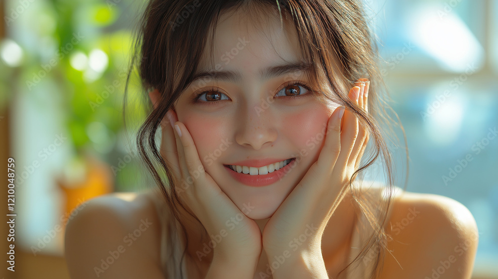 両手で頬を押さえる女性