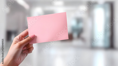 of a hand holding a pink slip or termination notice against a blurred office background 