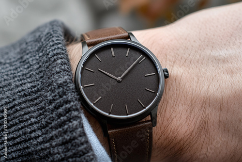 A close-up of a luxury but affordable minimalist watch on a person's wrist. The subtle leather strap contrasts against a soft-toned sleeve. photo