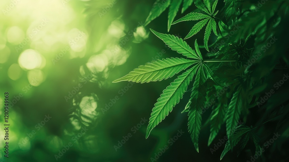 Lush green cannabis leaves in natural sunlight Lush green cannabis leaves in natural sunlight