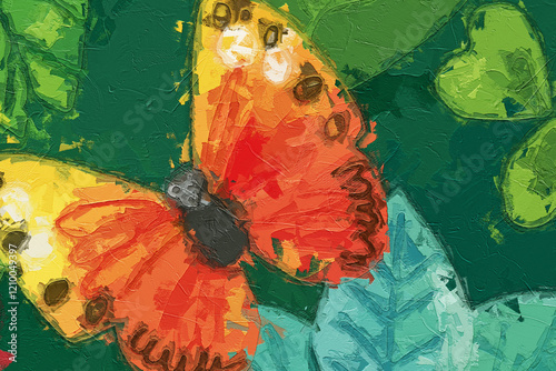 Various oil paintings, flowers, butterflies, dragonflies, bees, beautiful tropical leaves