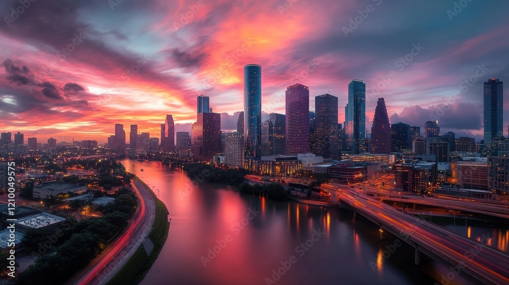 Obraz premium Dramatic Sunset Over Vibrant Cityscape Skyline of Skyscrapers and Bridges Reflecting in River