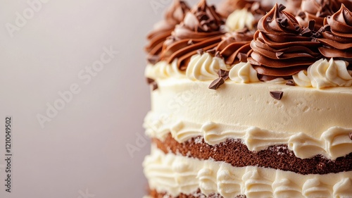 Delicious layered chocolate and vanilla cake decorated with frosting shavings