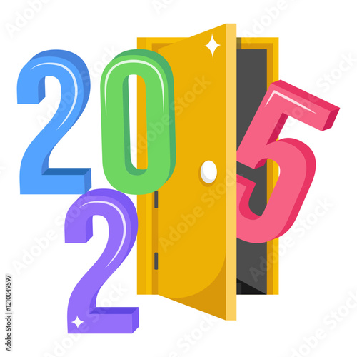 Stepping into Twenty Twenty Five concept, Knocking on Opportunity Door vector icon design, Unveiling the Year Ahead 2025 sign, festive holiday season symbol, new year party decor stock illustration