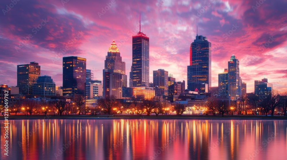 Fototapeta premium Breathtaking Skyline of a Vibrant Metropolis at Dramatic Sunset