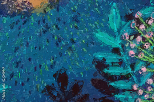 Various oil paintings, flowers, butterflies, dragonflies, bees, beautiful tropical leaves