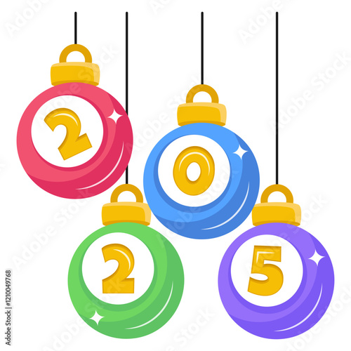 Shiny baubles falling from top and presenting Twenty Twenty Five concept, new years Glittering ornaments cascading and displayed vector icon design, 2025 welcome Sign, festive holiday season symbol