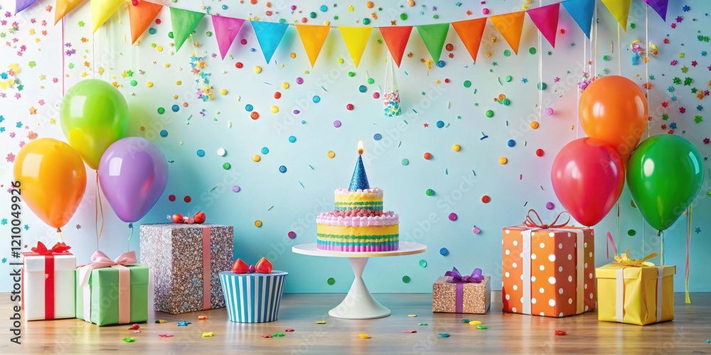 A Festive Birthday Scene with Colorful Balloons, Presents, and a Delicious Cake A Festive Birthday Scene with Colorful Balloons, Presents, and a Delicious Cake