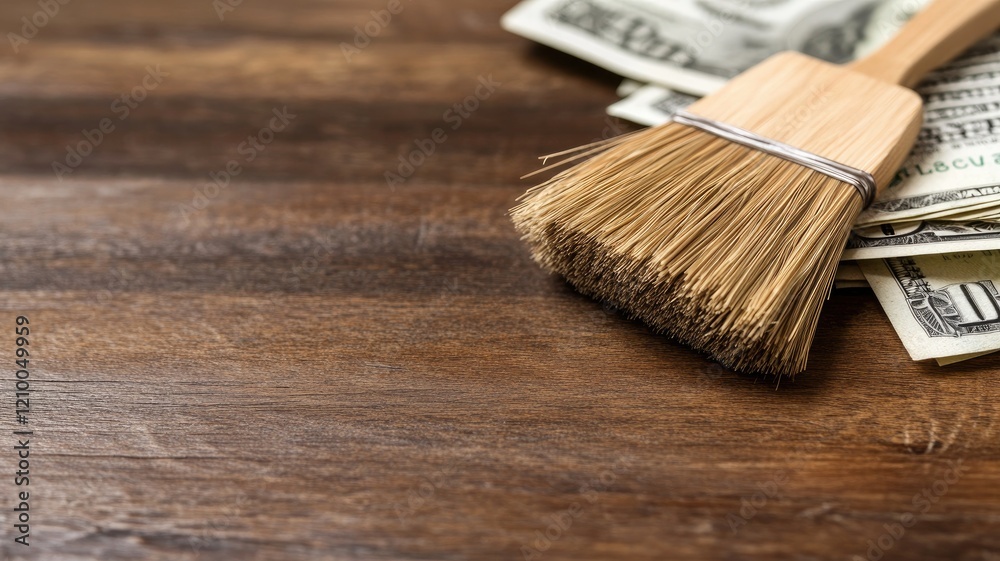 Small broom on wooden surface with scattered dollar bills Small broom on wooden surface with scattered dollar bills