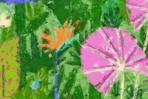 Various oil paintings, flowers, butterflies, dragonflies, bees, beautiful tropical leaves
