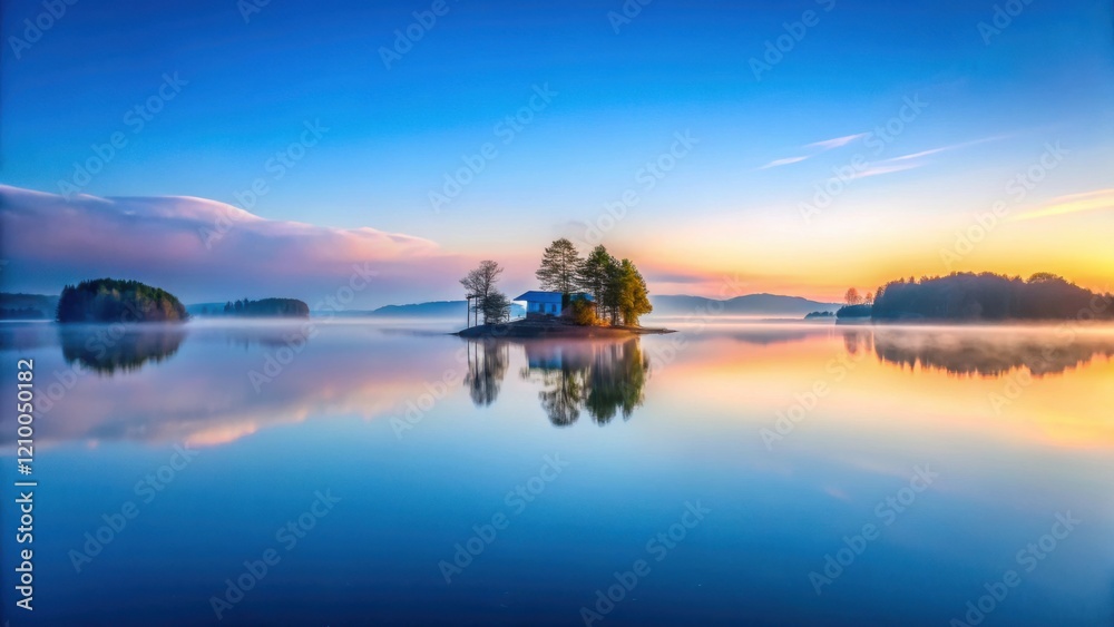 Fototapeta premium Serene Sunrise Over Calm Lake with Solitary Island Home and Misty Shores