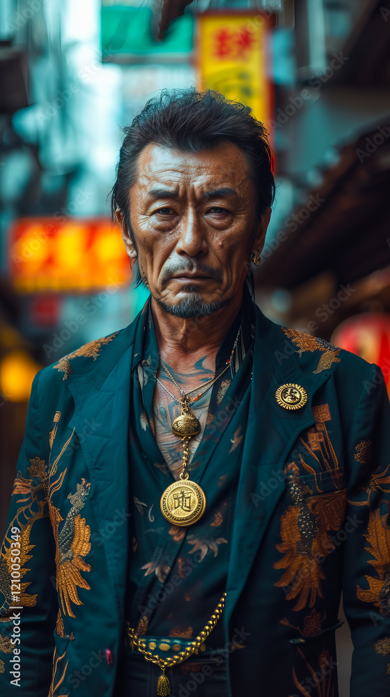 Obraz premium A Mature Japanese Gangster in Traditional Attire. Yakuza Portrait