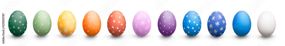 A rainbow collection of brightly painted traditional easter eggs, a traditional easter gift for this religious event, isolated against a transparent background