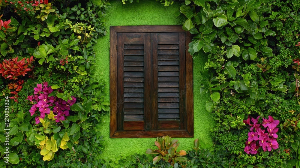 Green wall with window, vibrant flowers, tropical plants, nature background; home decor Green wall with window, vibrant flowers, tropical plants, nature background; home decor